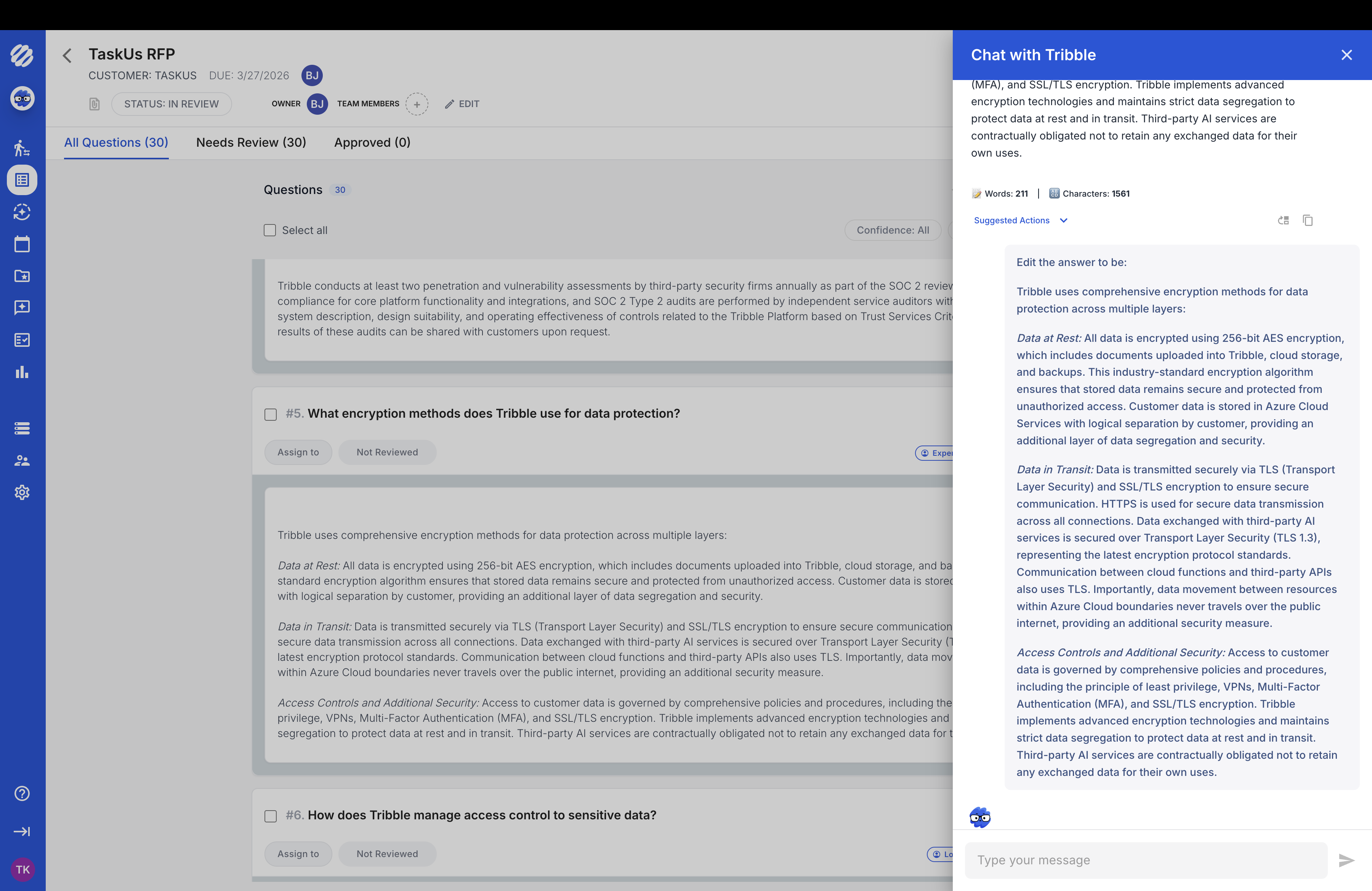 Tribble Respond — Chat with Tribble AI answering RFP questions